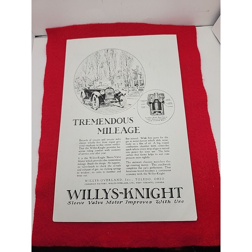 Vintage 1922 Willys-Knight: Tremendous Mileage Antique Print Ad Ephemera